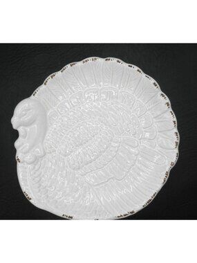 Pottery Barn 9 Inch Embossed Sculpted Turkey Plate Intentional Crazing Off-White